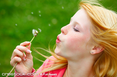 Young teenager blowing a dandelion. Make a wish